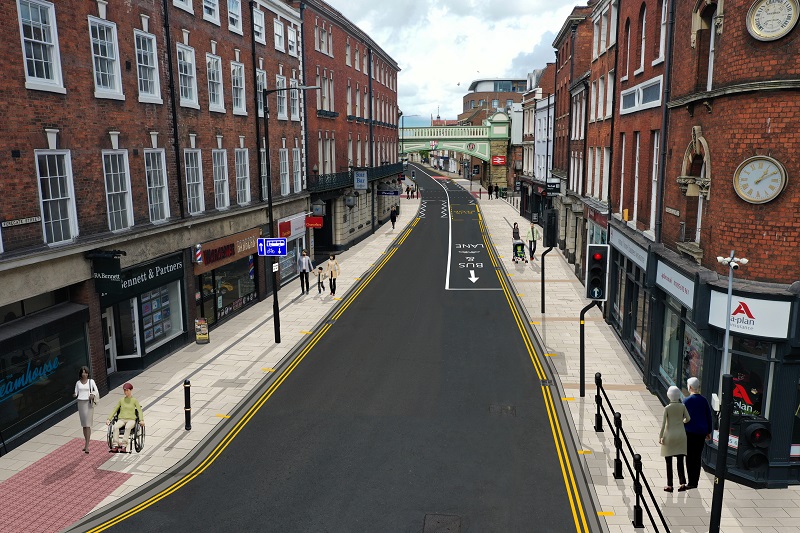 An artists impression of the new Forgate Street improvements looking down Forgate Street from Worcester City Centre towards the train station
