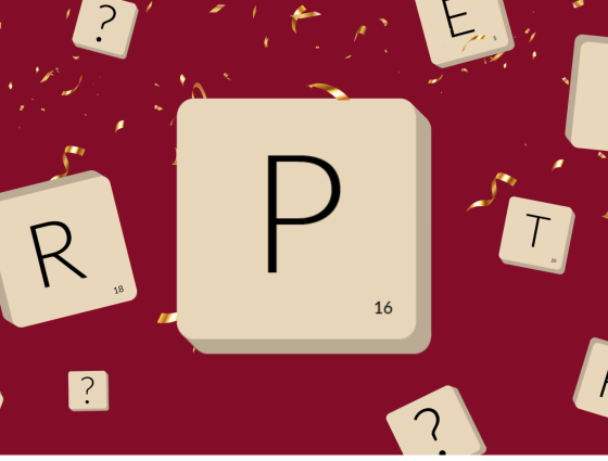 A large letter P in a tile with smaller tiles with various other letters