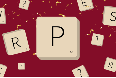 A large letter P in a tile with smaller tiles with various other letters