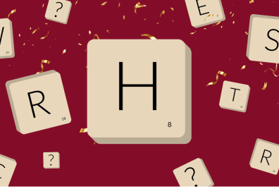 A large letter H in a tile with smaller tiles with various other letters