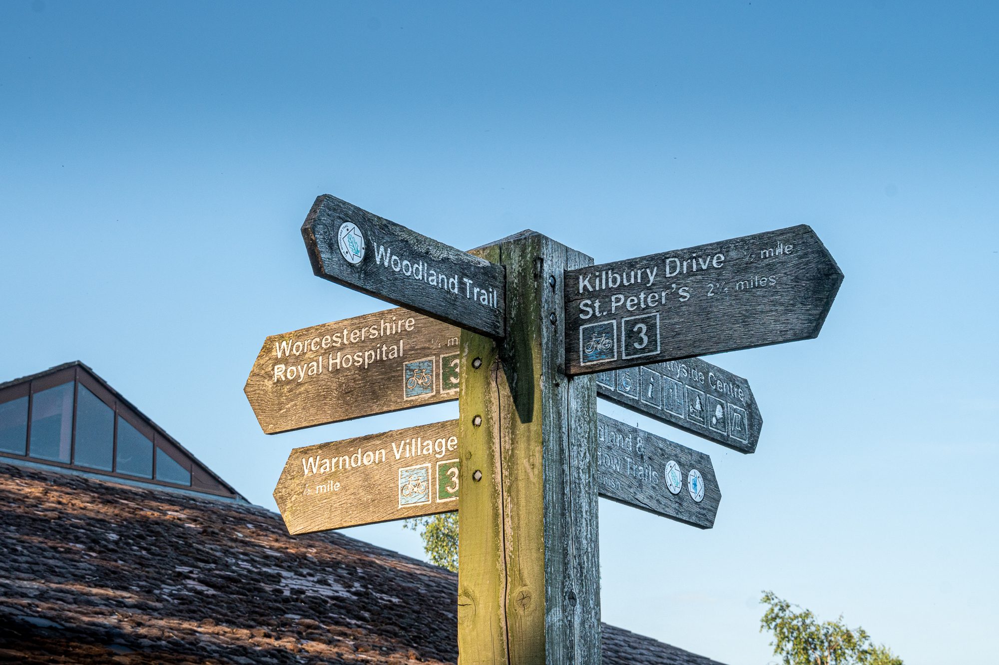 A wooden fingerpost in County Hall grounds