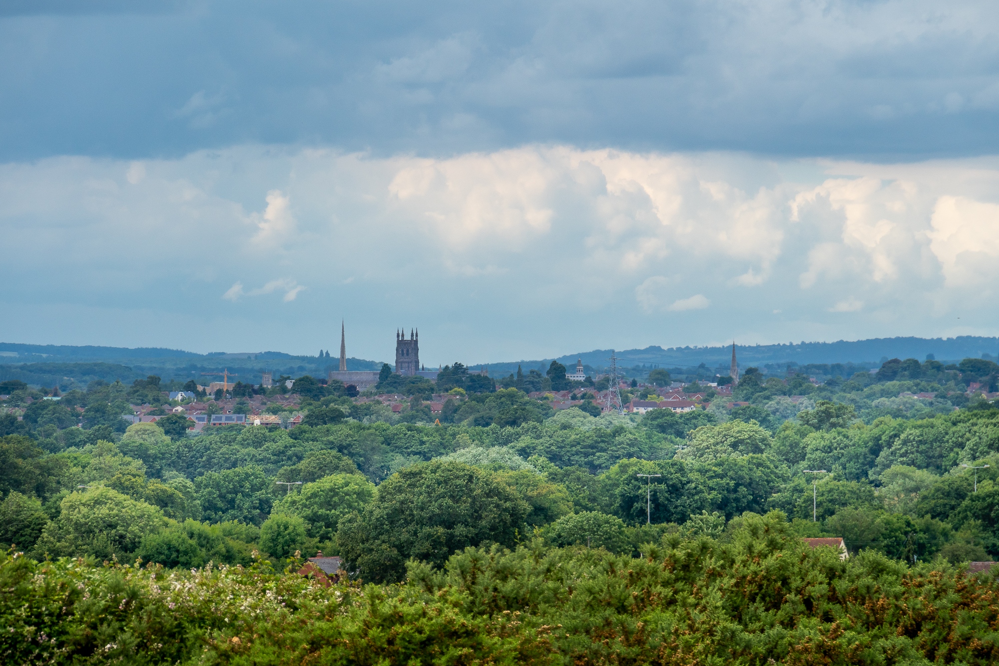 A view of Worcester City from Kempsey Common showing the Cathedral