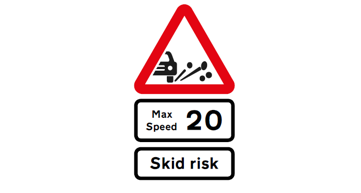 loose surface, 20mph speed limit and skid risk road signs