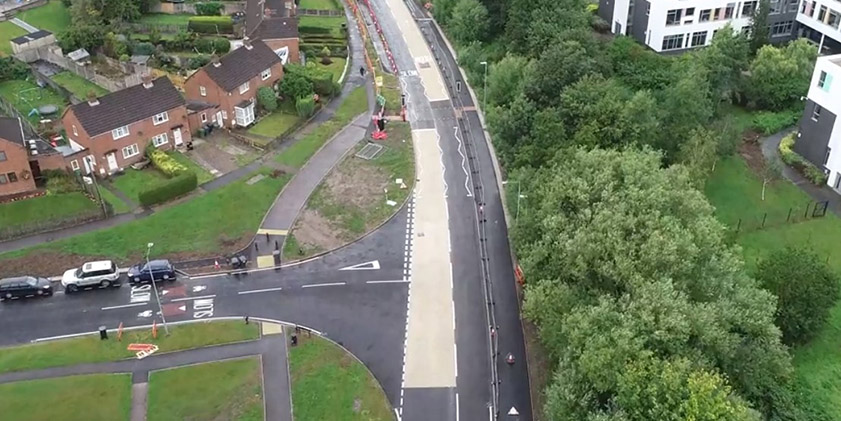 Aerial view of scheme 2b widened footway new Toucan upgraded parking bays