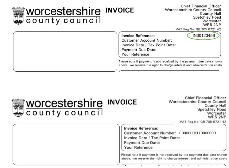 An invoice showing the invoice number and customer reference number