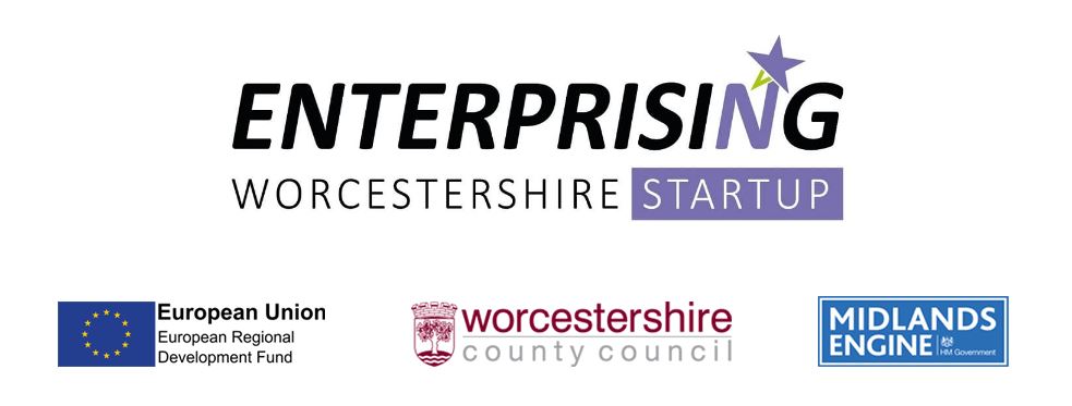 Enterprising Worcestershire Start up logo, European Union logo, Worcestershire County Council logo and Midlands Engine logo