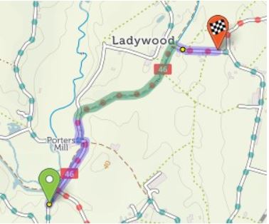 Cycle map showing route blue line is for paved sections and green line is for unpaved sections