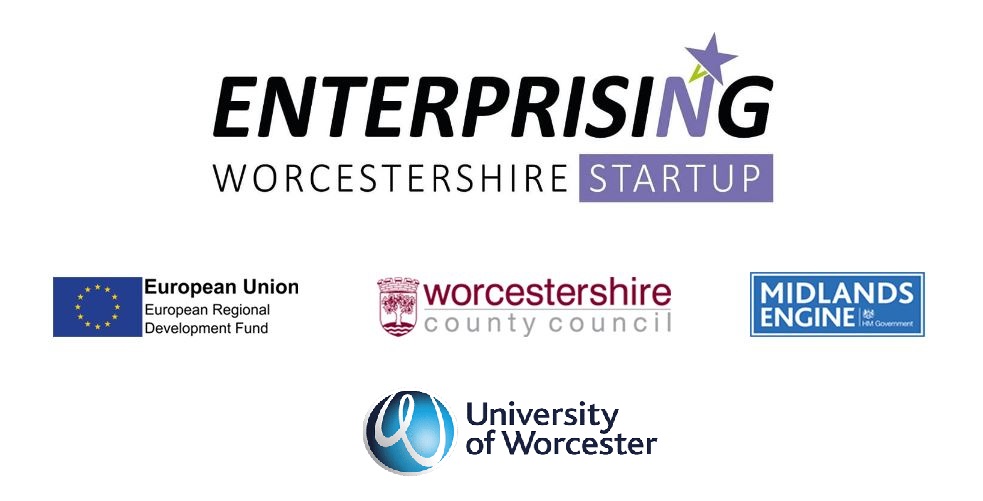 Enterprising Worcestershire Start up logo, European Union logo, Worcestershire County Council logo, Midlands Engine logo and the University of Worcester logo.