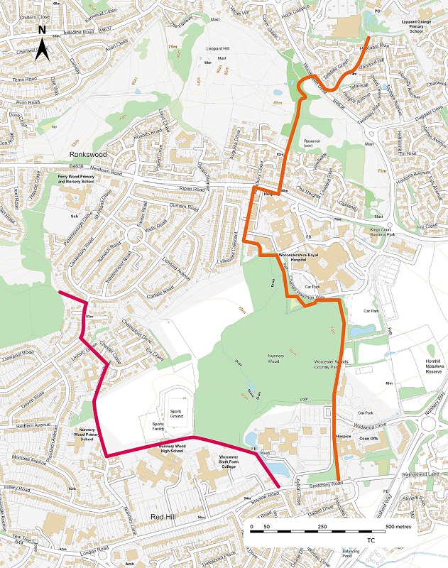 The map above shows where two new active travel routes will be established in the area. The two routes are highlighted, one in pink and the other in orange. The pink route starts at Spetchley Road, runs round the back of the Worcester Sixth Form College and Nunnery Wood High School, next to the sports field and onto Newcastle Close. It then turns left onto Chelmsford Drive towards Liverpool Road before linking into the existing routes in Perry Wood Local Nature Reserve. The orange route starts on Spetchley Road, then heads up past St Richards Hospice and the County Hall car park into the Worcester Woods Country Park. The route then arcs around the hospital site, alongside Charles Hastings Way, before linking up with Newtown Road. The route continues up Oakmont Drive, across Woodgreen Drive, where a new Toucan Crossing will be installed, and up towards Lyppard Grange Local Nature Reserve.