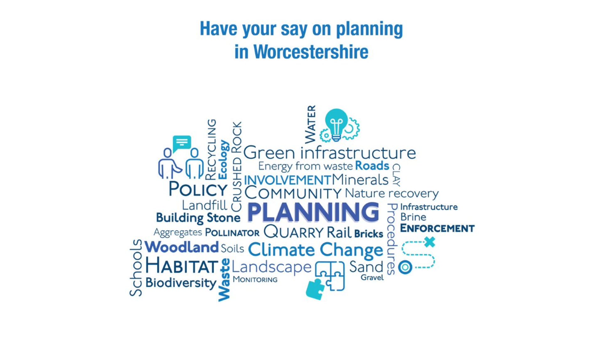 A word cloud where the most prominent word is planning. Other words that feature include Quarry, Infrastructure, Landfill, Recycling, Rail, Bridge, Energy from waste, Soils, Water, Climate Change, Green infrastructure, Roads, Clay, Recovery, Nature, Community, Involvement, Minerals, Brine, Enforcement, Procedures, Sand, Gravel, Landscape, Monitoring, Waste, Soils, Habitat, Biodiversity, Schools, Aggregates, Pollinator, Planning, Building Stone, Crushed Rock, Ecology, and Policy.