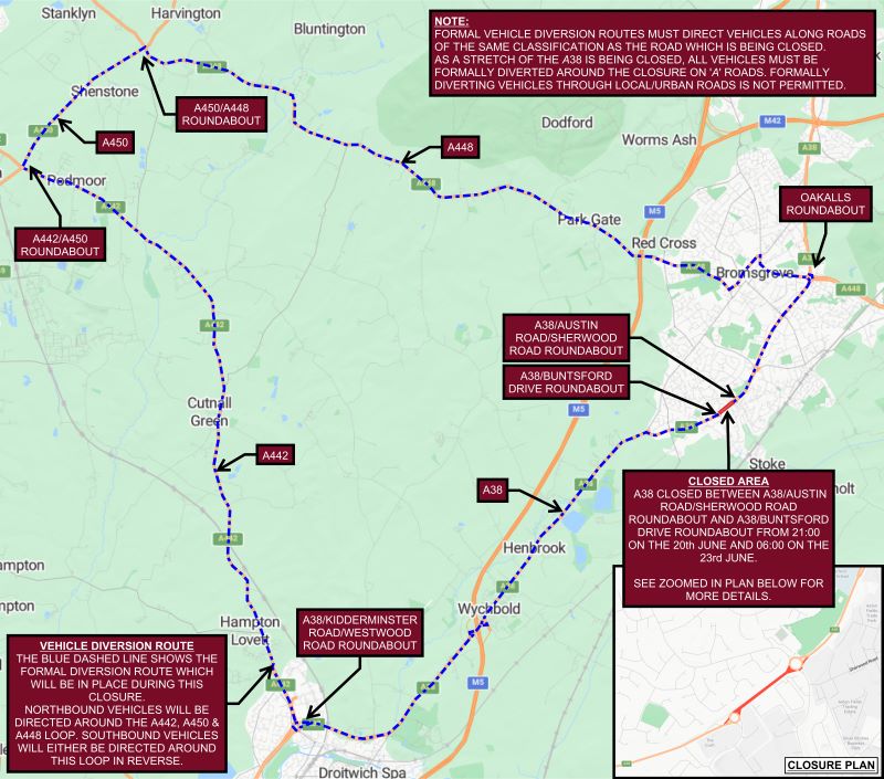 The image shows the diversion route with a blue dashed line directing northbound vehicles around the A442, A450 and A228 loop. Southbound vehicles will be directed around this loop in reverse.