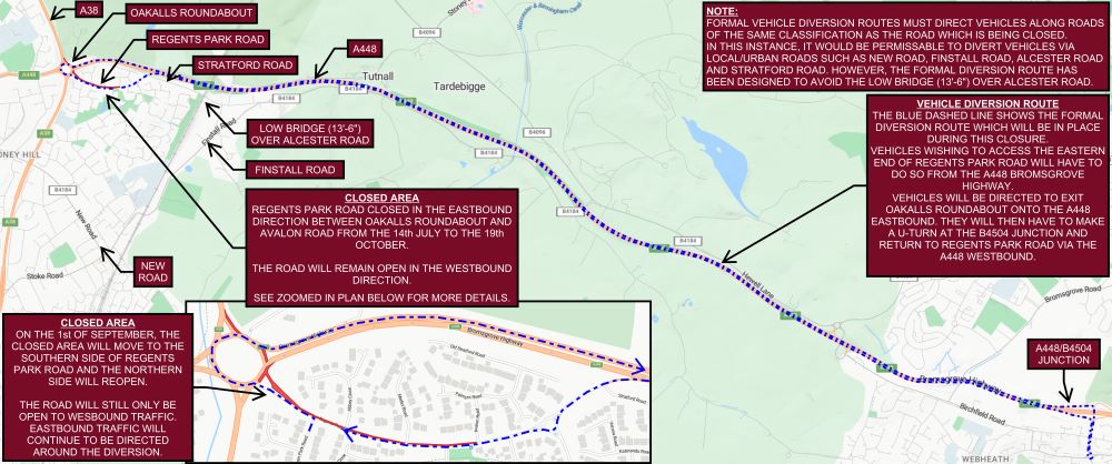 THE BLUE DASHED LINE SHOWS THE FORMAL DIVERSION ROUTE WHICH WILL BE IN PLACE DURING THIS CLOSURE. VEHICLES WISHING TO ACCESS THE EASTERN END OF REGENTS PARK ROAD WILL HAVE TO DO SO FROM THE A448 BROMSGROVE HIGHWAY. VEHICLES WILL BE DIRECTED TO EXIT OAKALLS ROUNDABOUT ONTO THE A448 EASTBOUND. THEY WILL THEN HAVE TO MAKE A U-TURN AT THE B4504 JUNCTION AND RETURN TO REGENTS PARK ROAD VIA THE A448 WESTBOUND.