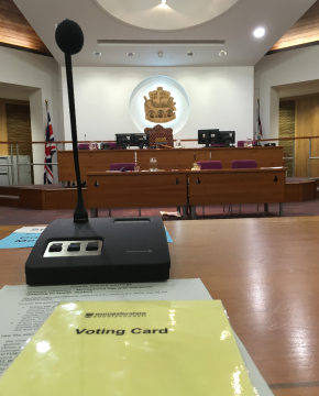 A photo of the voting chamber in County Hall, Worcester