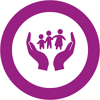A purple circle with an icon of cupped hands holding a family, coloured purple