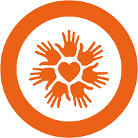 An orange circle with an icon of hands inside, coloured orange