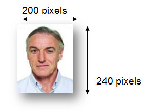 Passport sized photo 200 pixels wide by 240 height