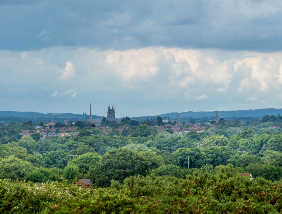A view of Worcester City from Kempsey Common showing the Cathedral