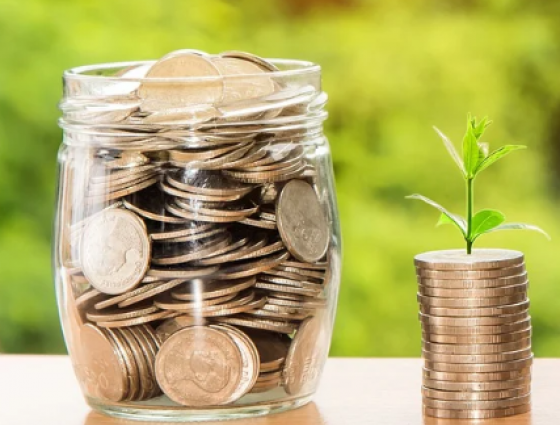 jar of money and a pile of coins with a plant shoot growing