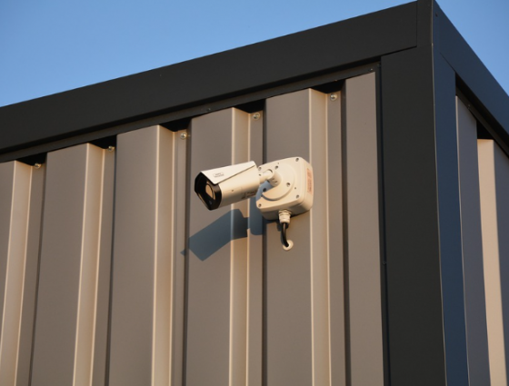 security camera attached high up on the side of a building