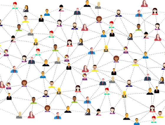 Graphic illustration of lots of people connected together by lines to depict a network of people and careers