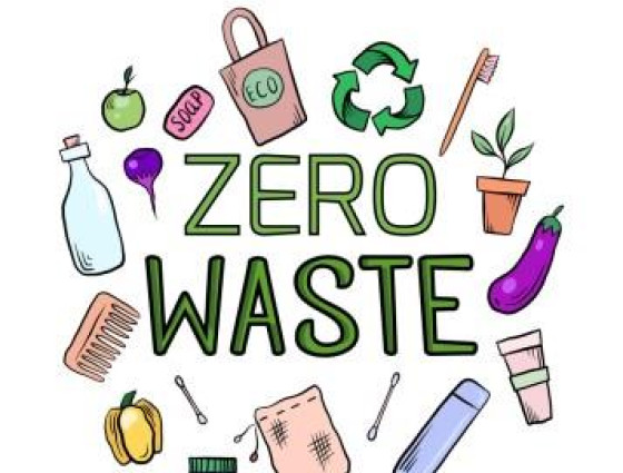 Zero waste text with cartoon style images of waste surrounding the words.