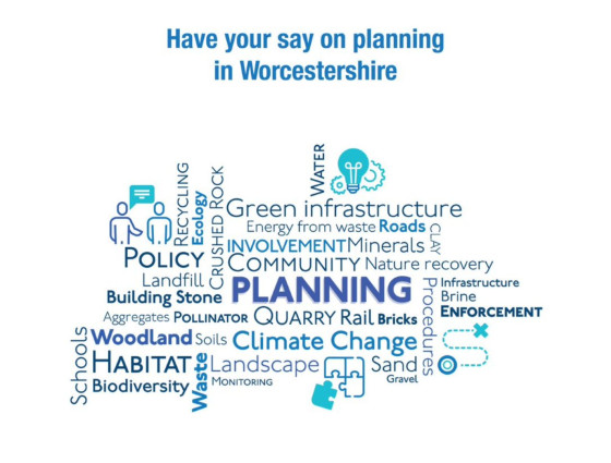 A word cloud where the most prominent word is planning. Other words that feature include Quarry, Infrastructure, Landfill, Recycling, Rail, Bridge, Energy from waste, Soils, Water, Climate Change, Green infrastructure, Roads, Clay, Recovery, Nature, Community, Involvement, Minerals, Brine, Enforcement, Procedures, Sand, Gravel, Landscape, Monitoring, Waste, Soils, Habitat, Biodiversity, Schools, Aggregates, Pollinator, Planning, Building Stone, Crushed Rock, Ecology, and Policy.