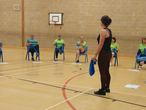A group using resitance bands to exercise