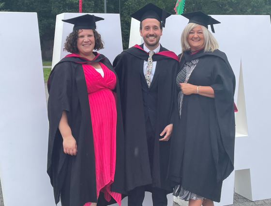 Photograph of Lucy Griffiths, Olly Stallard, Cheryl Nairn and Lisa Griffiths at Graduation