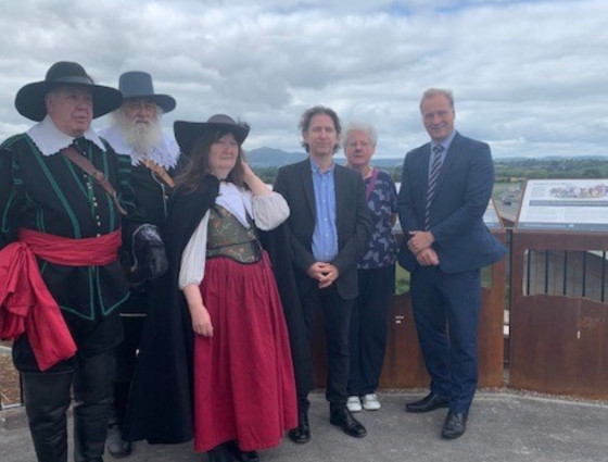 People from left to right: Battle of Worcester Society and Worcester re-enactors Roger Fairman, Brian Bullock, Catherine Bullock, Daniel Daniels and Christine Shaw Worcestershire County Council Councillor Marc Bayliss, Cabinet Member with Responsibility for Economy, Infrastructure and Skills