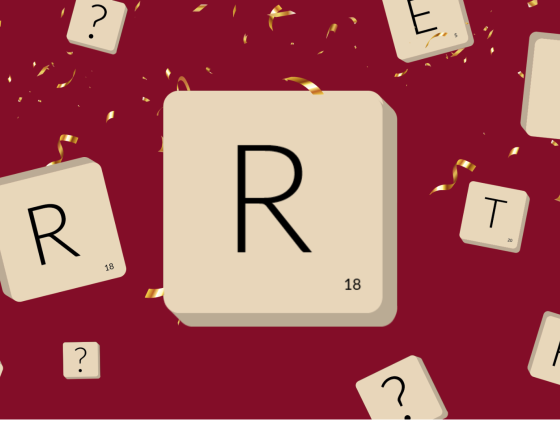 A large letter R in a tile with smaller tiles with various other letters