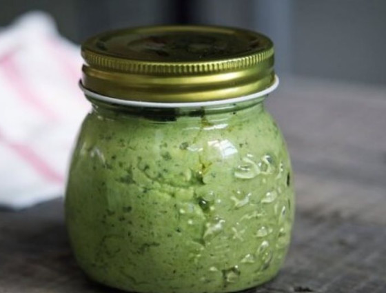 Jar of green pesto 