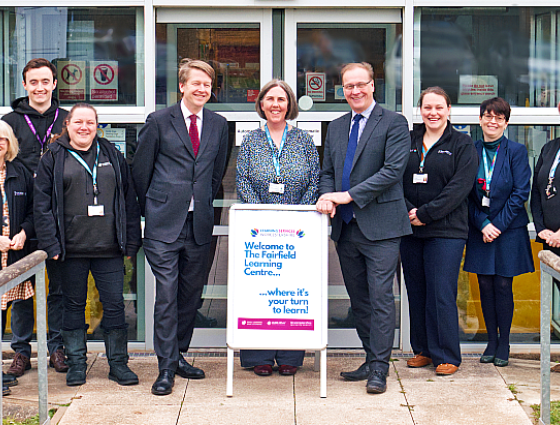 Robin Walker – MP for Worcester, Marc Bayliss - Worcestershire County Council Cabinet Member for Economy, Infrastructure & Skills, Anna Lee - Learning Services Worcestershire Manager, with Fairfield Learning Centre staff.