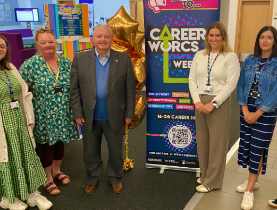 Photo L-R: Emma Kendrick and Jayne Wilson (Careers Worcs), Worcestershire County Councillor Alan Amos, Charlotte McCaughtrie, Jennie Ellis, and Abigail Brookes (Careers Worcs)