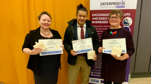 Photograph of Quick Pitch award winners Dr Kirsten Protherough, Shane Conte and Lis Whybrow.