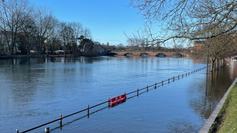 Photograph of riverside flooding in Worcester.