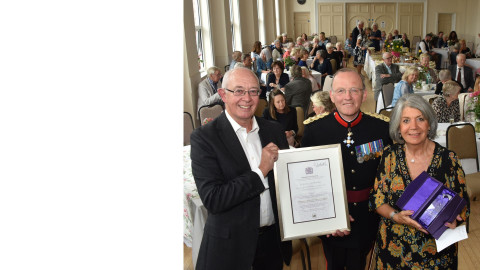 The then Vice Lord-Lieutenant Brigadier Roger Brunt, presenting the Queen’s Award for Voluntary Service to St George’s Hall in Bewdley, in 2021.