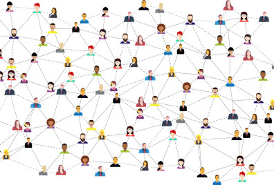 Graphic illustration of lots of people connected together by lines to depict a network of people and careers