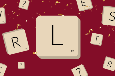 A large letter L in a tile with smaller tiles with various other letters