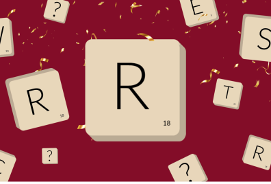 A large letter R in a tile with smaller tiles with various other letters