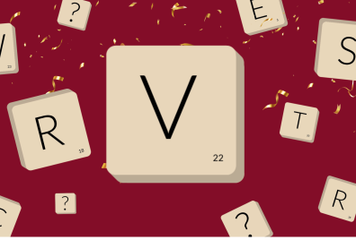 A large letter V in a tile with smaller tiles with various other letters