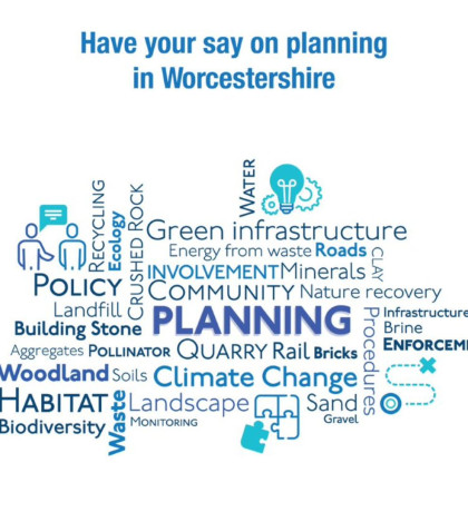 A word cloud where the most prominent word is planning. Other words that feature include Quarry, Infrastructure, Landfill, Recycling, Rail, Bridge, Energy from waste, Soils, Water, Climate Change, Green infrastructure, Roads, Clay, Recovery, Nature, Community, Involvement, Minerals, Brine, Enforcement, Procedures, Sand, Gravel, Landscape, Monitoring, Waste, Soils, Habitat, Biodiversity, Schools, Aggregates, Pollinator, Planning, Building Stone, Crushed Rock, Ecology, and Policy.