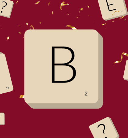Large letter B on a tile surrounded by smaller tiles with various letters