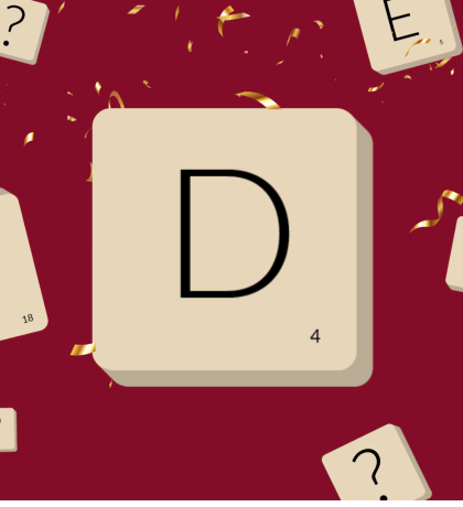 Large letter D on a tile surrounded by smaller tiles with various letters