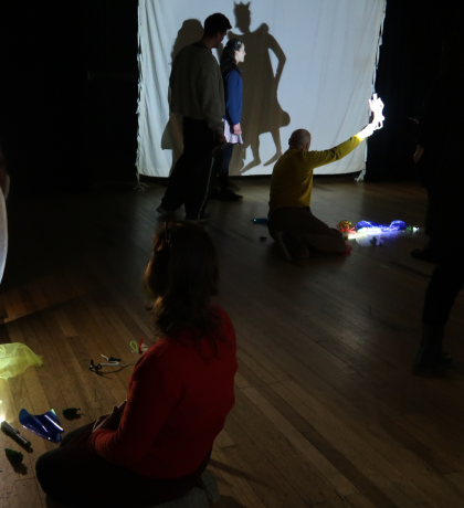 People performing shadow puppetry.