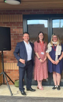 (L to R) Nigel Huddleston, MP for South Worcestershire, Sian Harley-Preller, Deputy Head of Bengeworth CE Academy, Vanessa Anderson, Herlig Architecture, David Coache, Chief Executive of Bengeworth Multi-Academy Trust, Councillor Kyle Daisley, Chairman of Worcestershire County Council, and Andrew Martyr-Icke, Chair of Trustees