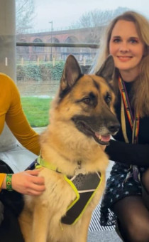 Lupin, a Pets As Therapy dog, his owner Amanda and Gemma at The Hive